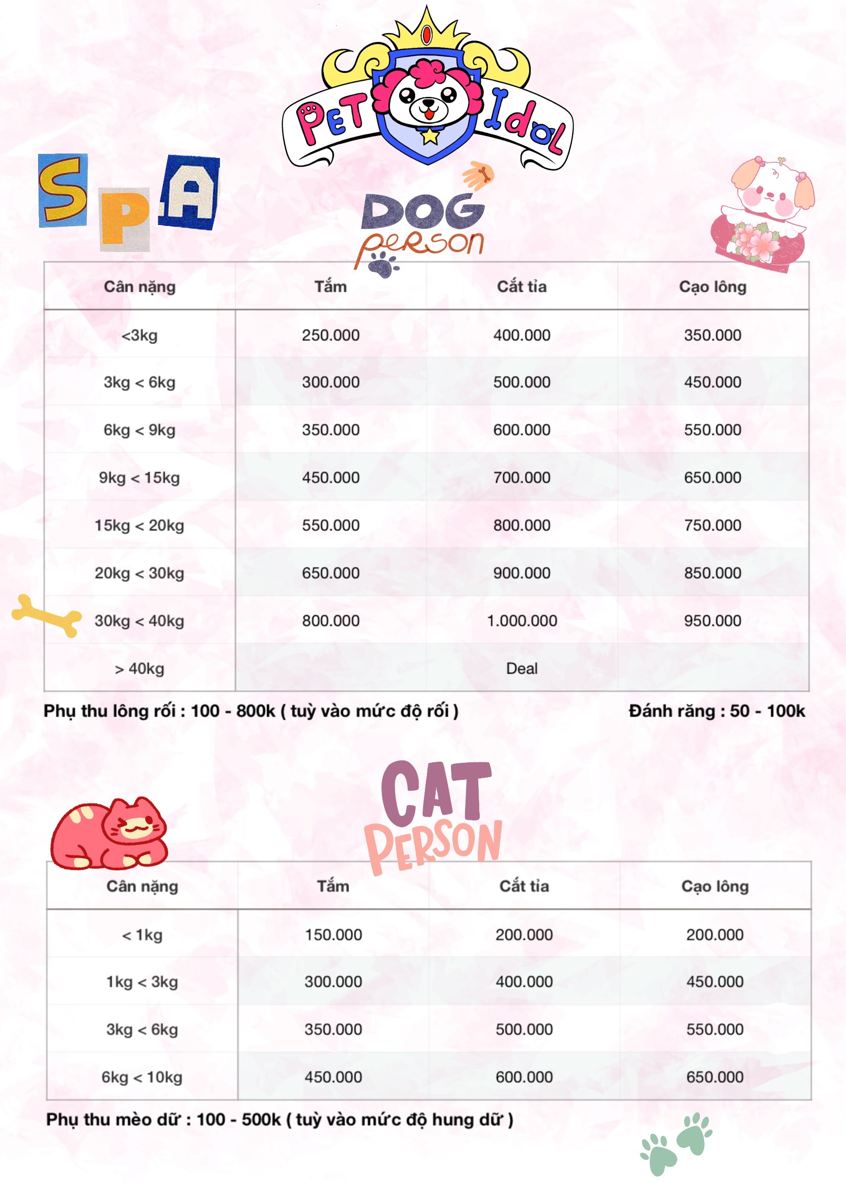 Bảng giá dịch vụ Spa chó mèo
